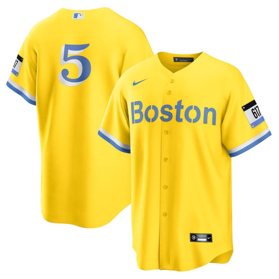 Men Boston Red Sox 5 Enrique Hernandez Nike Gold Light Blue City Connect Replica Player MLB Jersey